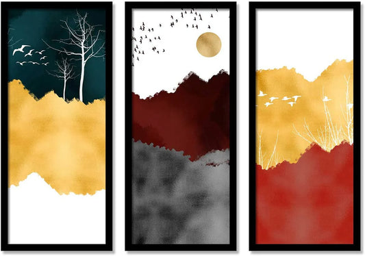 Landscape Nature Artistic Framed Painting / Posters for Room Decoration , Set of 3 Black Frame Art Prints (22x47 cm)