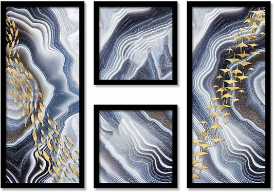 Art Street Set of 4 Black Frame, Art Prints / Abstract Aquatic Birds Framed Painting / Posters for Living Room (Size 22x47, 22x22 CM )
