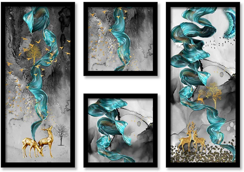 Deer and Birds Artistic Framed Painting / Posters for Room Decoration , Set of 4 Black Frame Size ( 22x 47 cm)