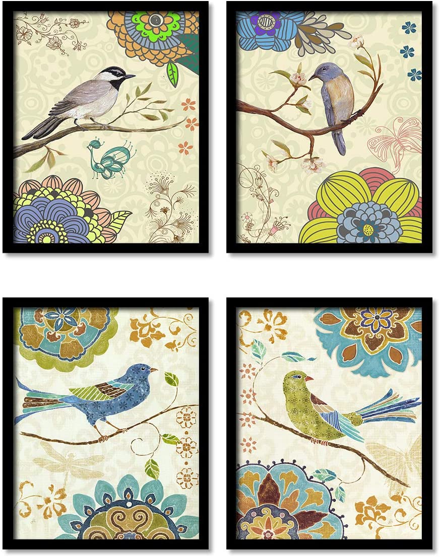 Beautiful Birds & Floral Art Framed Painting / Posters for Room Decoration , Set of 4 Black Frame Size 9x11 Inches