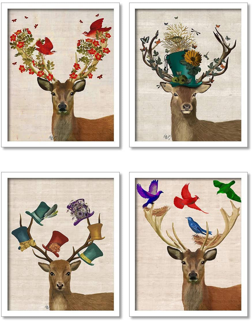 Decorated Deer Framed Painting / Posters for Room Decoration , Set of 4 White Frame Size 9x11
