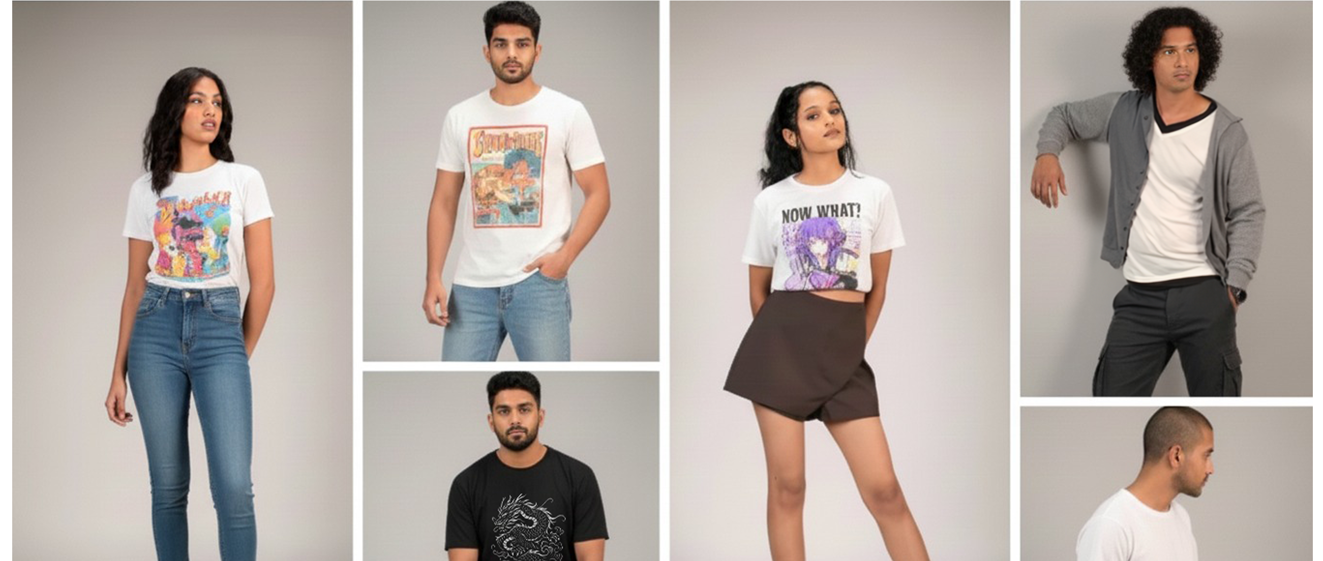 Collage of people wearing various t-shirts and outfits on a gray background