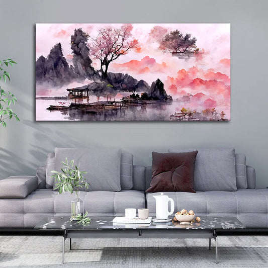 Beautiful Lake View Watercolor Art Canvas Wall Painting | Area: 48" W x 24" H