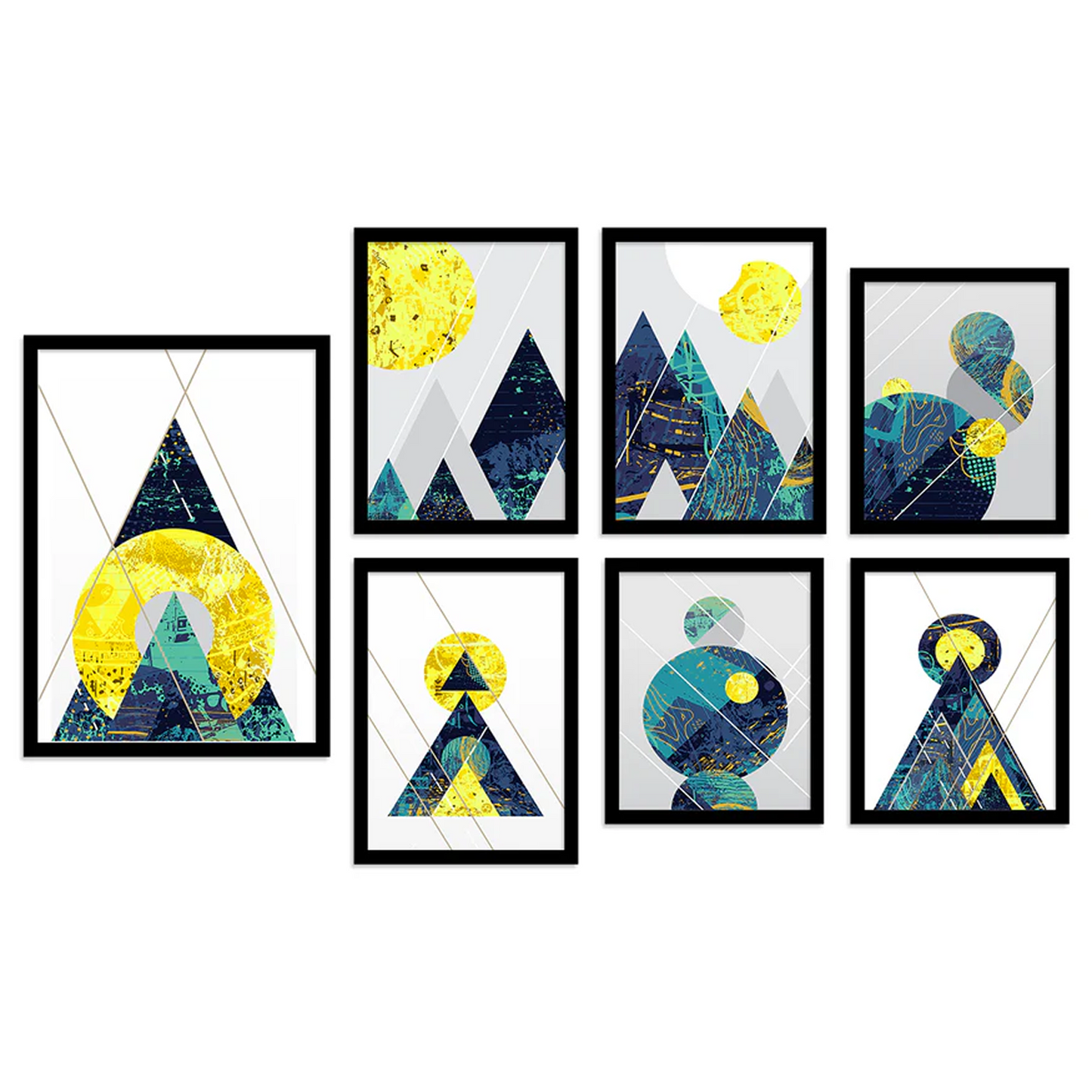Giometrical blue & Yellow Set of 7 Framed Art Print For Home Décor Size;- (27x44) Inch