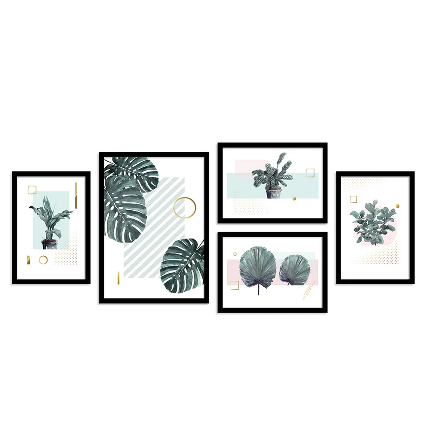 Green Tropical Plants Framed Art Print Set of 5 Painting For Home Décor Size;- (20x47)Inch