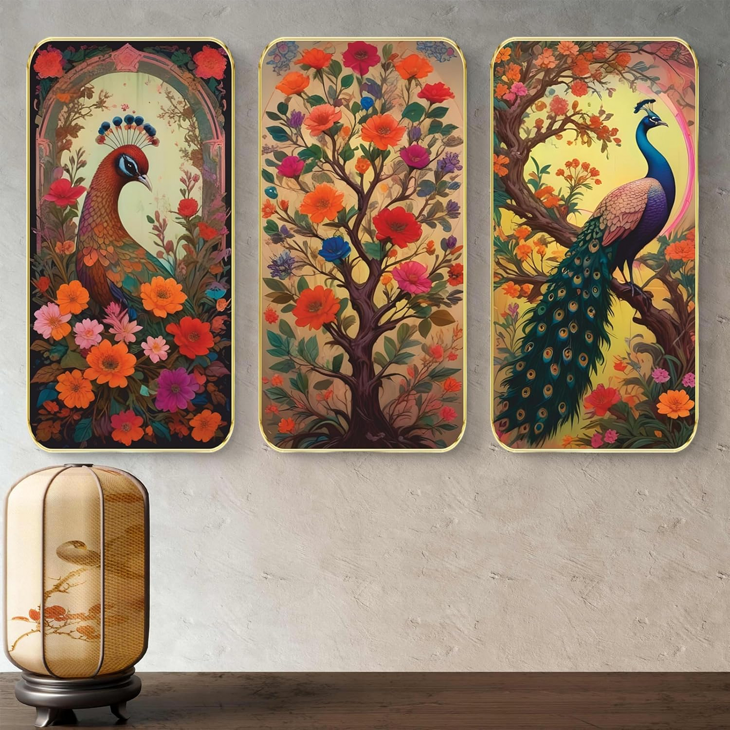 Livin'luxe Set of 3 Couple Peacock modern art Boho painting Premium Framed Laminated Wall paintings for living room, bedroom, home decoration, wall decoration (20 inch x 30) inch SP-17