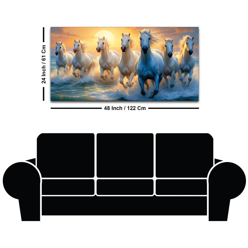 Seven Running Horses at Sunrise Premium Canvas Wall Painting | Area: 48" W x 24" H