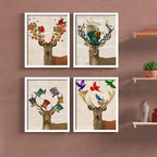 Decorated Deer Framed Painting / Posters for Room Decoration , Set of 4 White Frame Size 9x11