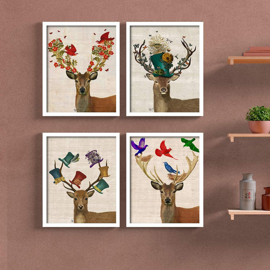 Decorated Deer Framed Painting / Posters for Room Decoration , Set of 4 White Frame Size 9x11