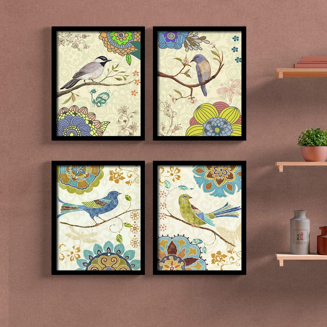 Beautiful Birds & Floral Art Framed Painting / Posters for Room Decoration , Set of 4 Black Frame Size 9x11 Inches