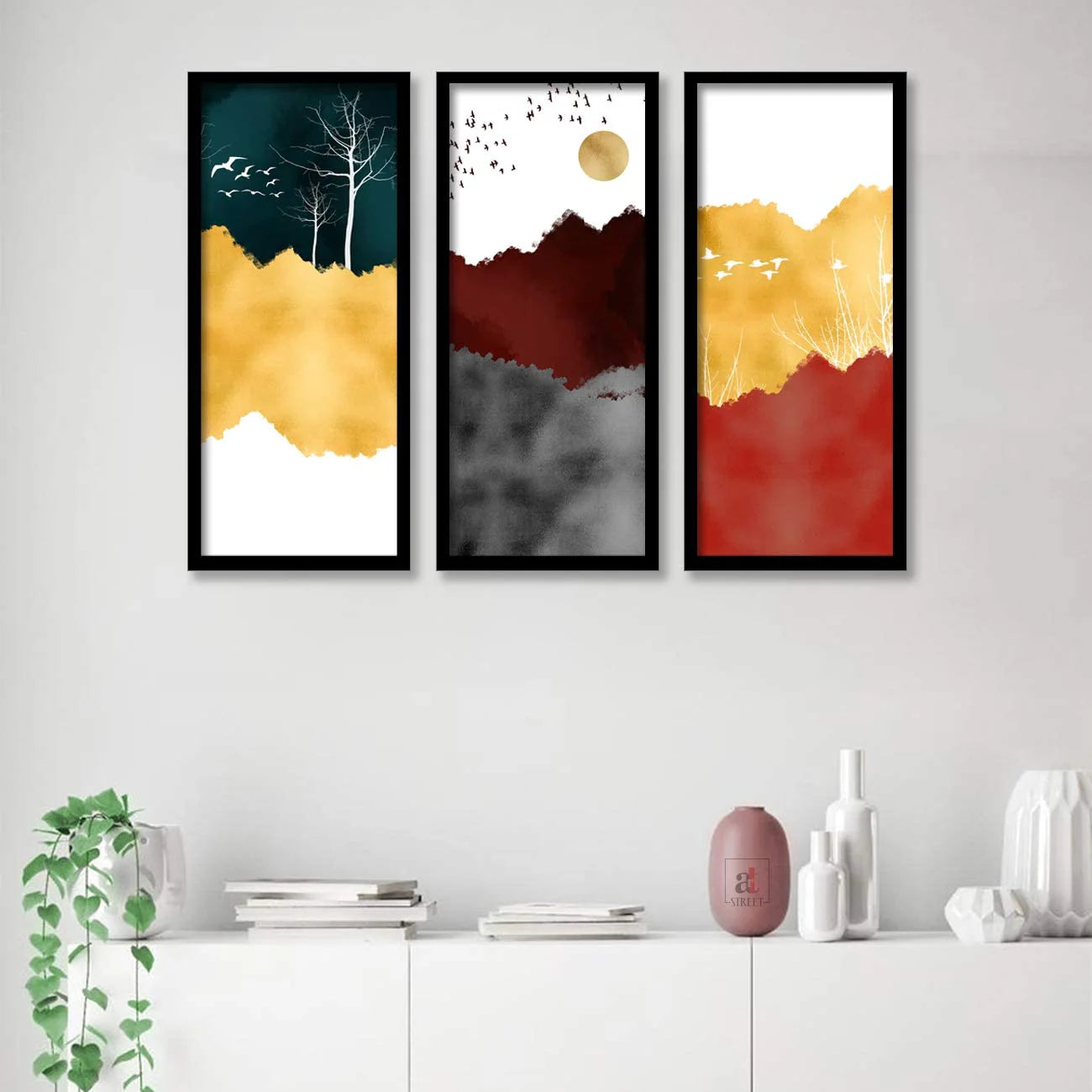 Landscape Nature Artistic Framed Painting / Posters for Room Decoration , Set of 3 Black Frame Art Prints (22x47 cm)
