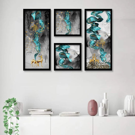 Deer and Birds Artistic Framed Painting / Posters for Room Decoration , Set of 4 Black Frame Size ( 22x 47 cm)