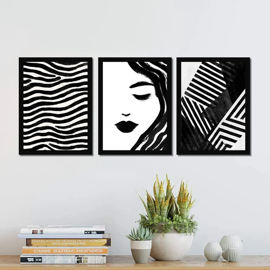 Abstract Multicolor Framed Wall Art Print Set of 3 Modern Boho Face Artwork Home Décor 33x45 cm
