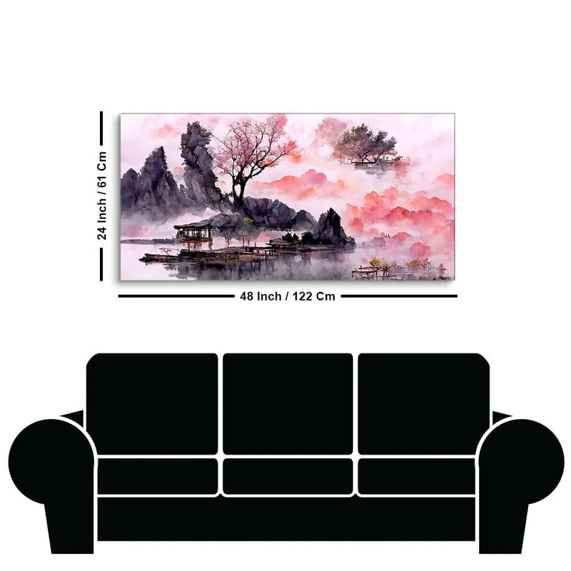 Beautiful Lake View Watercolor Art Canvas Wall Painting | Area: 48" W x 24" H