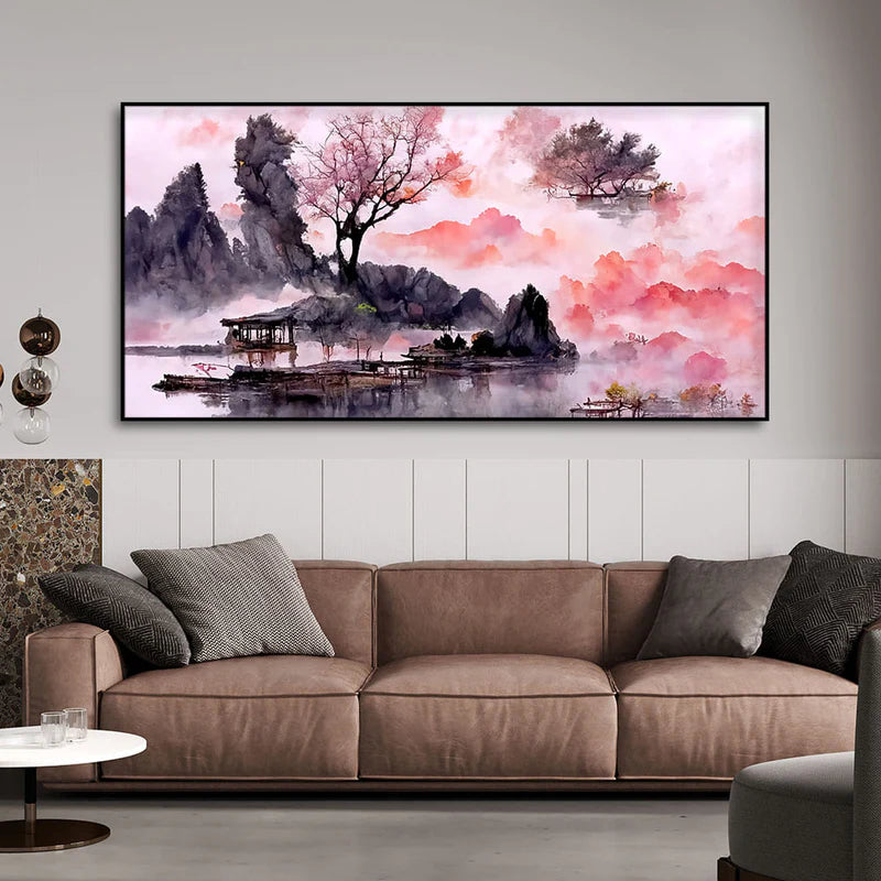 Beautiful Lake View Watercolor Art Canvas Wall Painting | Area: 48" W x 24" H