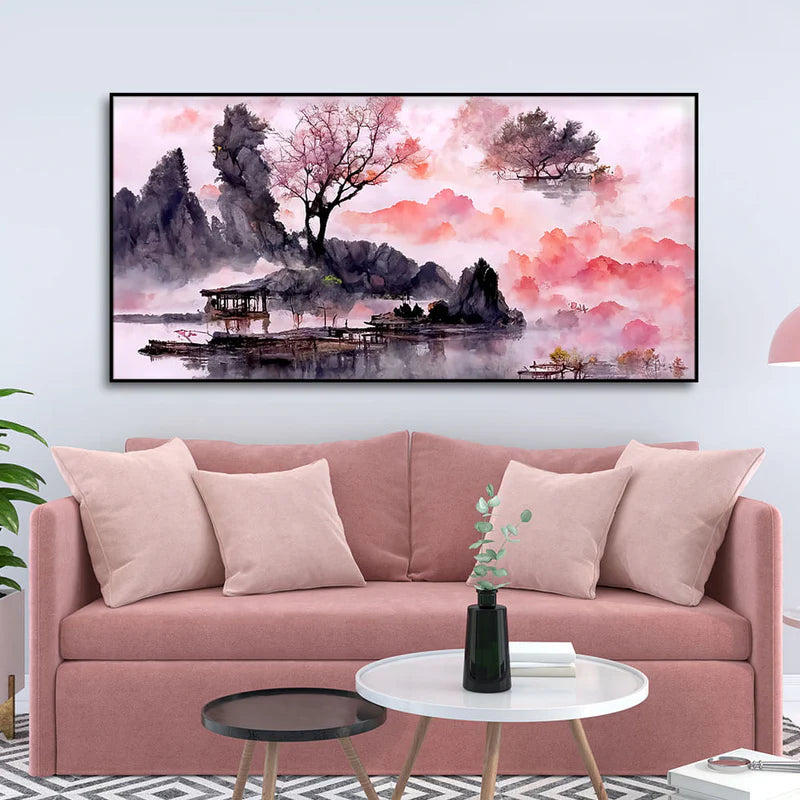 Beautiful Lake View Watercolor Art Canvas Wall Painting | Area: 48" W x 24" H