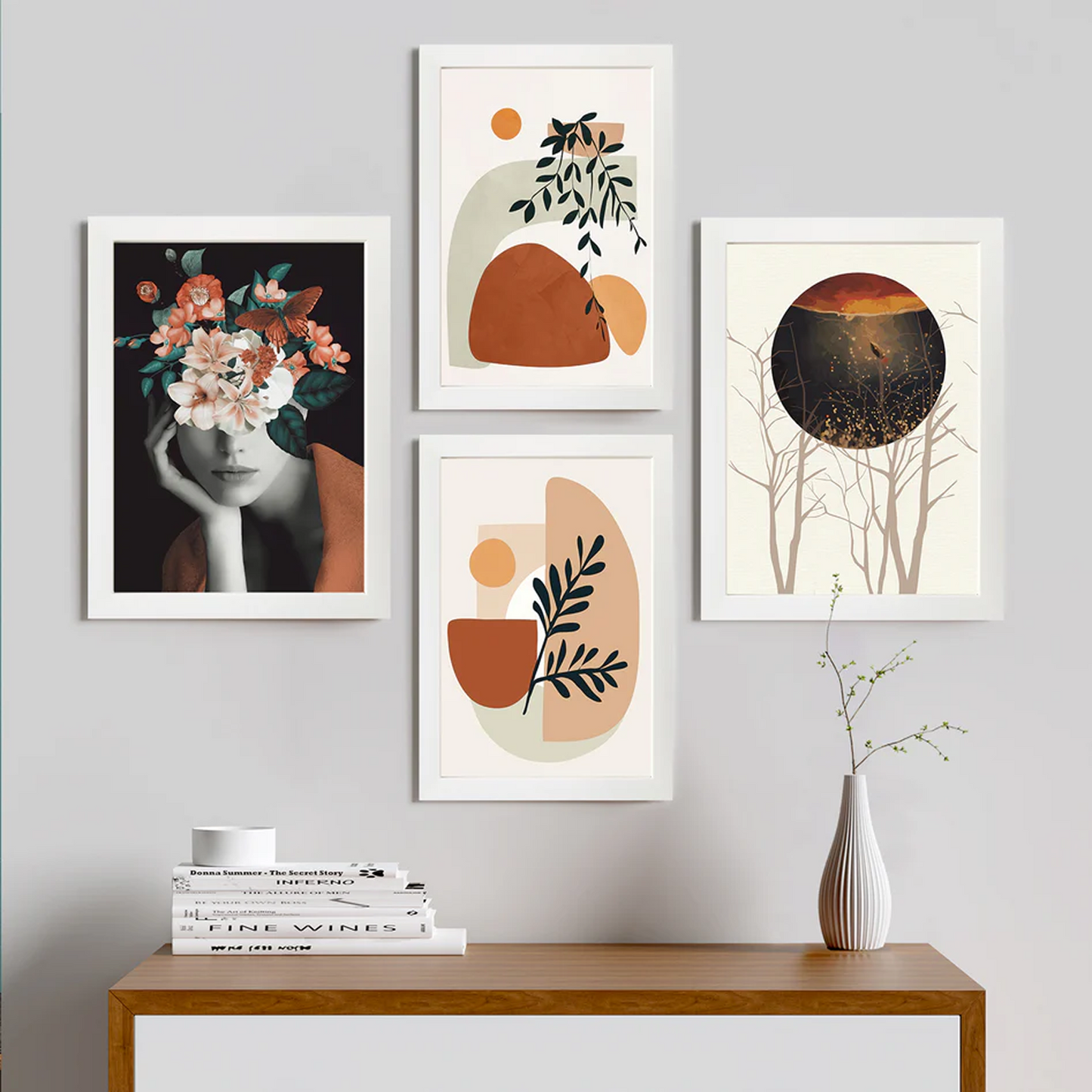 Art Set of 4 Girl Flower Bouquet for Living Room Decoration (Frame Size - 13 x 17 Inches)