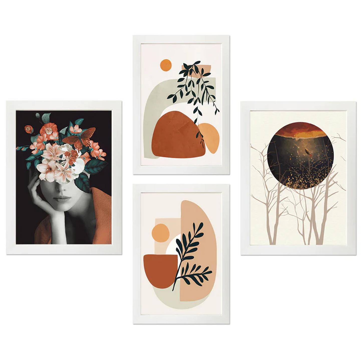 Art Set of 4 Girl Flower Bouquet for Living Room Decoration (Frame Size - 13 x 17 Inches)