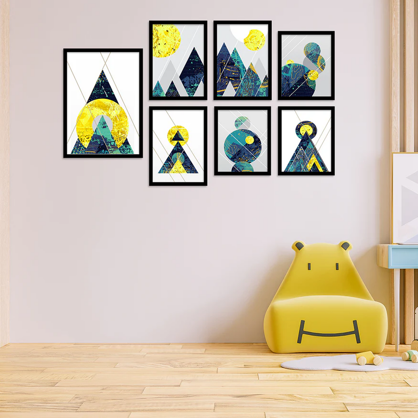 Giometrical blue & Yellow Set of 7 Framed Art Print For Home Décor Size;- (27x44) Inch