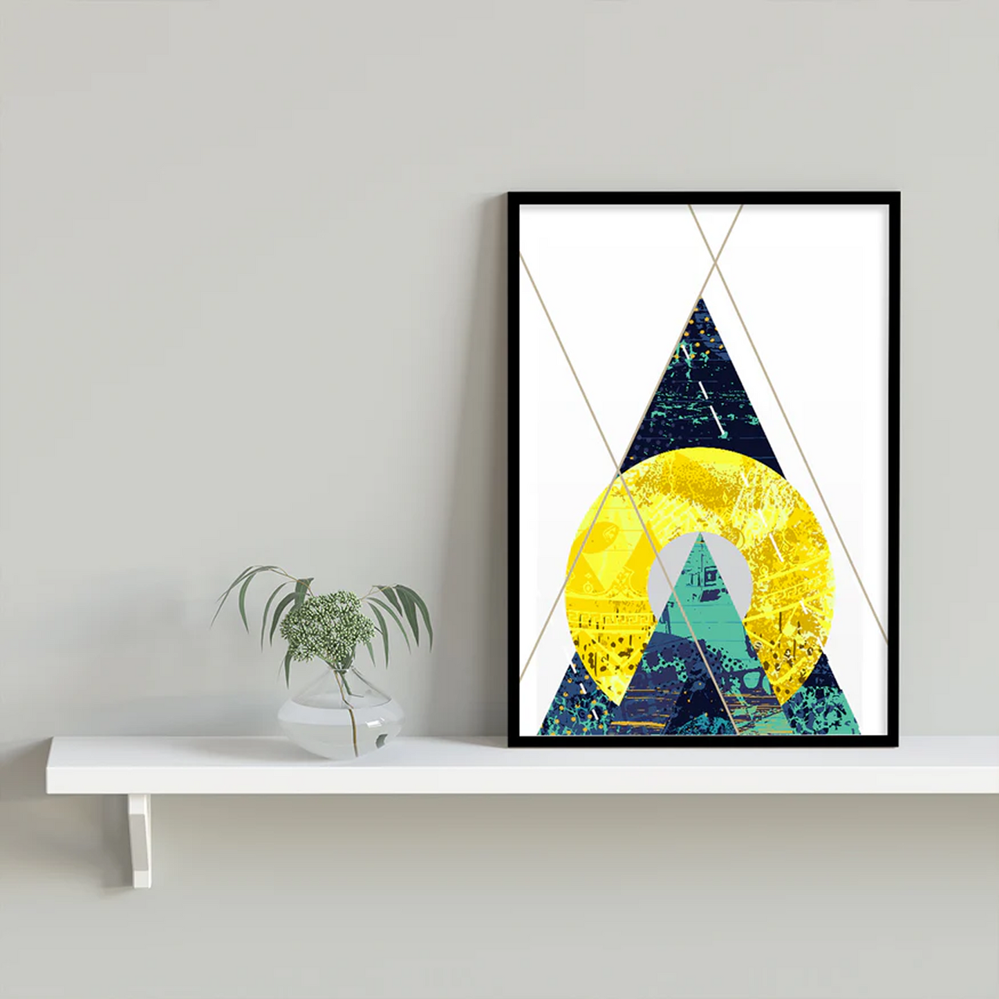 Giometrical blue & Yellow Set of 7 Framed Art Print For Home Décor Size;- (27x44) Inch