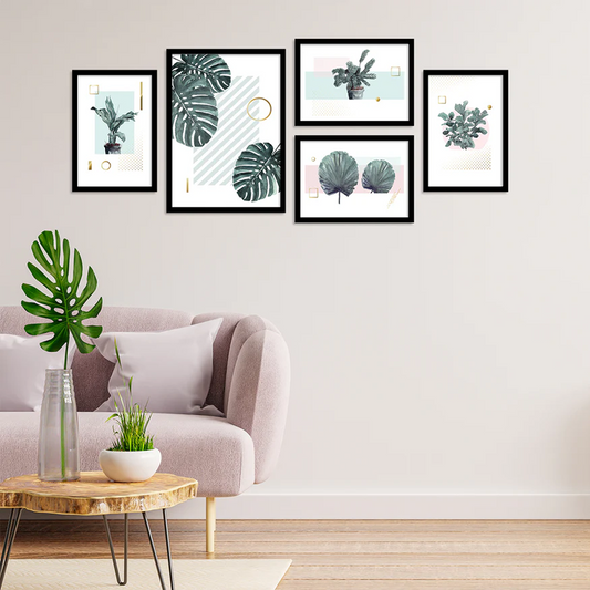 Green Tropical Plants Framed Art Print Set of 5 Painting For Home Décor Size;- (20x47)Inch