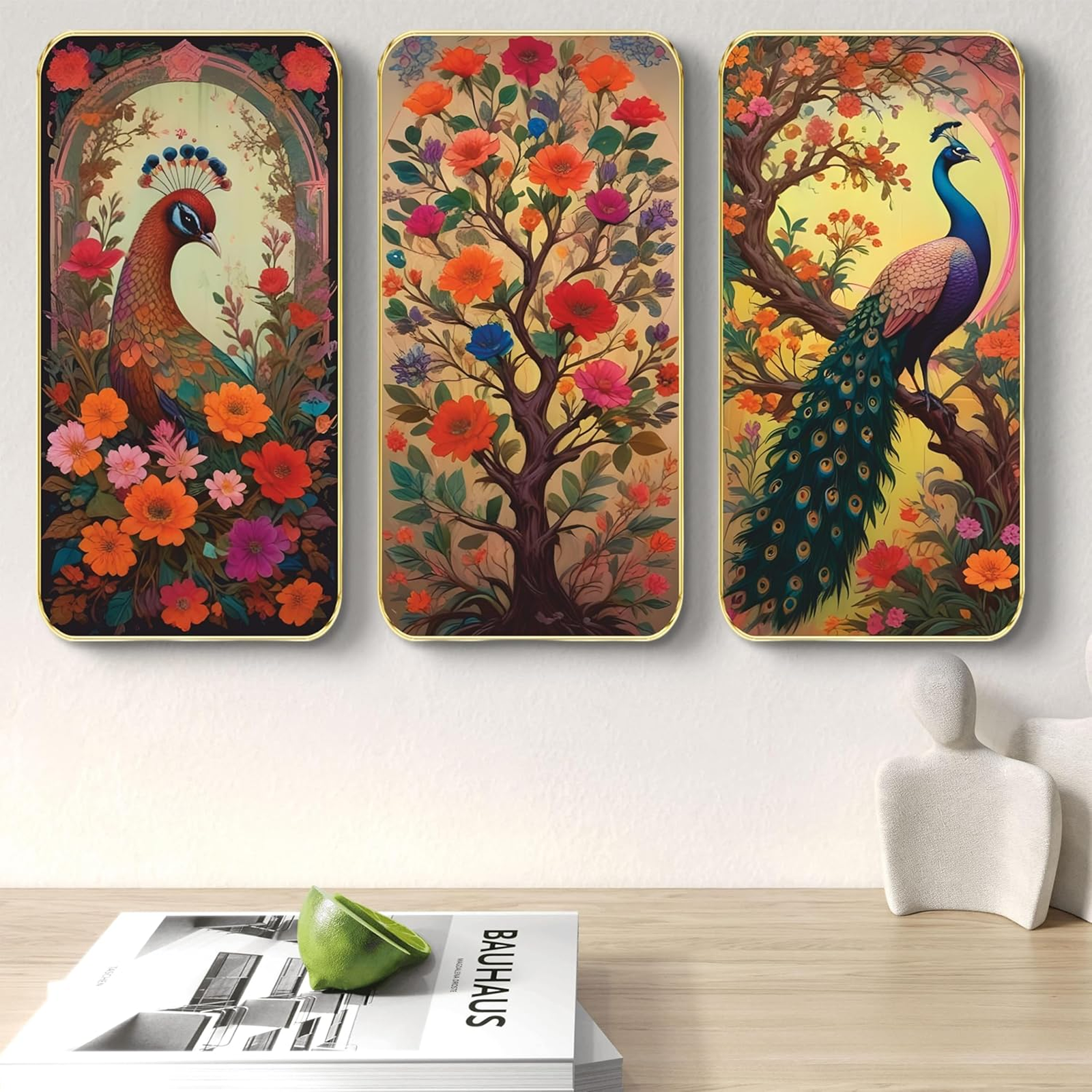 Livin'luxe Set of 3 Couple Peacock modern art Boho painting Premium Framed Laminated Wall paintings for living room, bedroom, home decoration, wall decoration (20 inch x 30) inch SP-17
