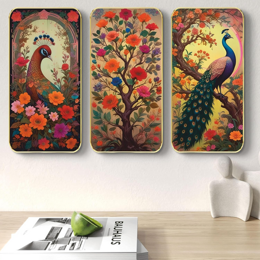 Livin'luxe Set of 3 Couple Peacock modern art Boho painting Premium Framed Laminated Wall paintings for living room, bedroom, home decoration, wall decoration (20 inch x 30) inch SP-17