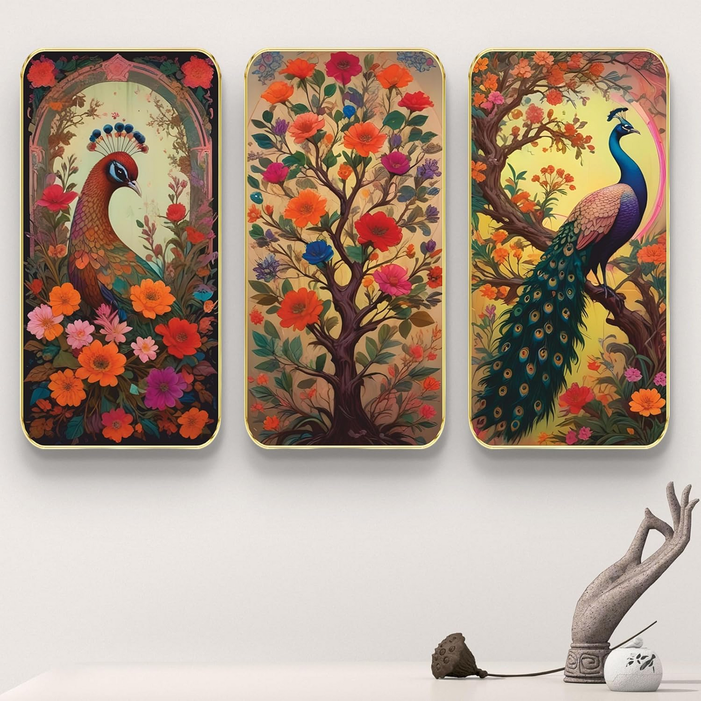 Livin'luxe Set of 3 Couple Peacock modern art Boho painting Premium Framed Laminated Wall paintings for living room, bedroom, home decoration, wall decoration (20 inch x 30) inch SP-17