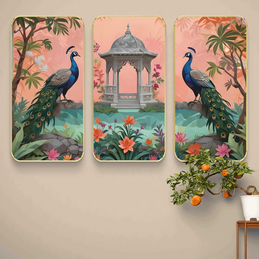 Livin'luxe Set of 3 couple Peacock modern art Boho painting Premium Framed Laminated Wall paintings for living room, bedroom, home decoration, wall decoration (20 inch x 30) inch SP-35