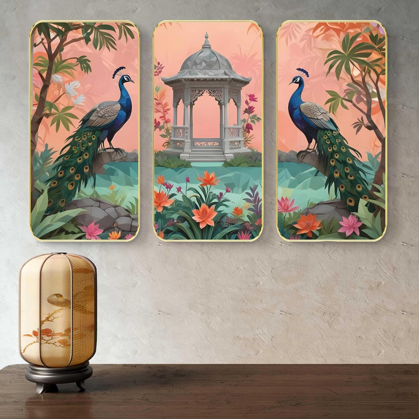 Livin'luxe Set of 3 couple Peacock modern art Boho painting Premium Framed Laminated Wall paintings for living room, bedroom, home decoration, wall decoration (20 inch x 30) inch SP-35