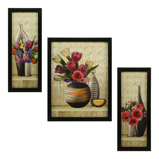 Indianara 3 Pc Set of Floral Paintings (1056) Without Glass 5.2 X 12.5, 9.5 X 12.5, 5.2 X 12.5 Inch-Multicolour