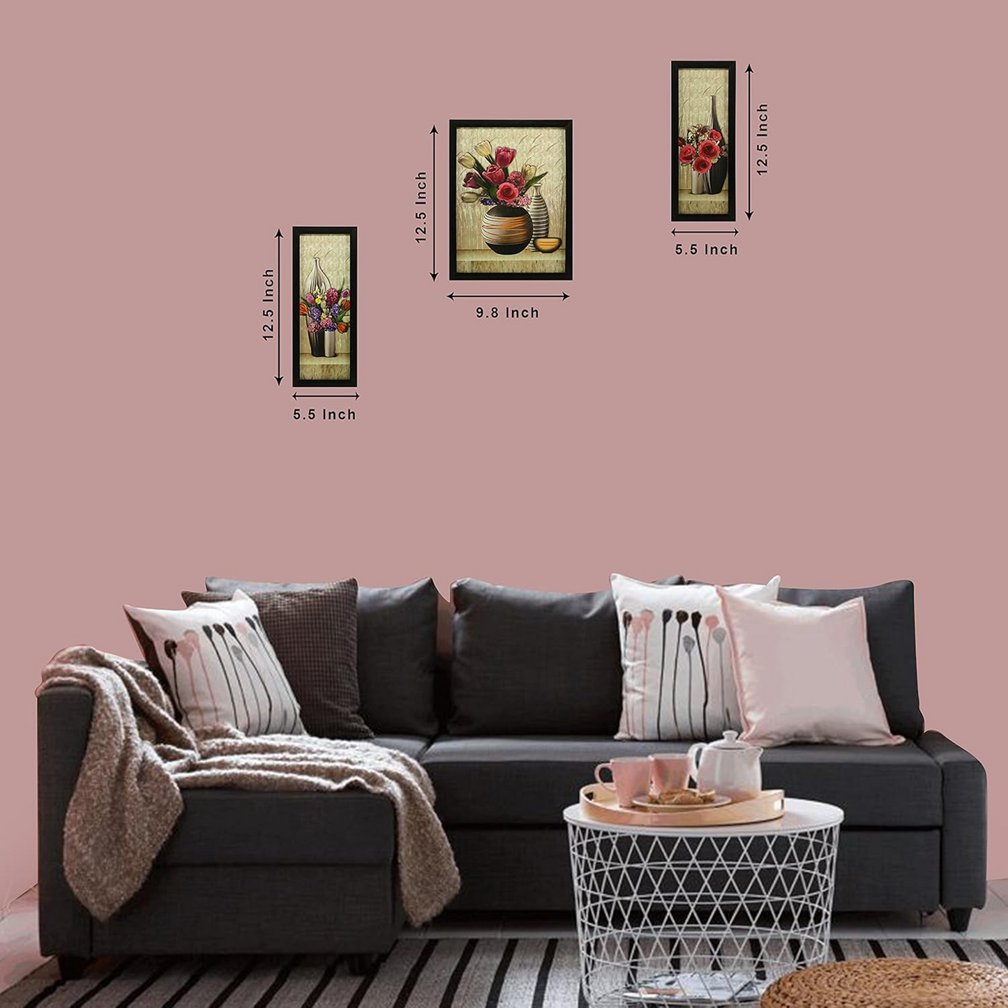 Indianara 3 Pc Set of Floral Paintings (1056) Without Glass 5.2 X 12.5, 9.5 X 12.5, 5.2 X 12.5 Inch-Multicolour