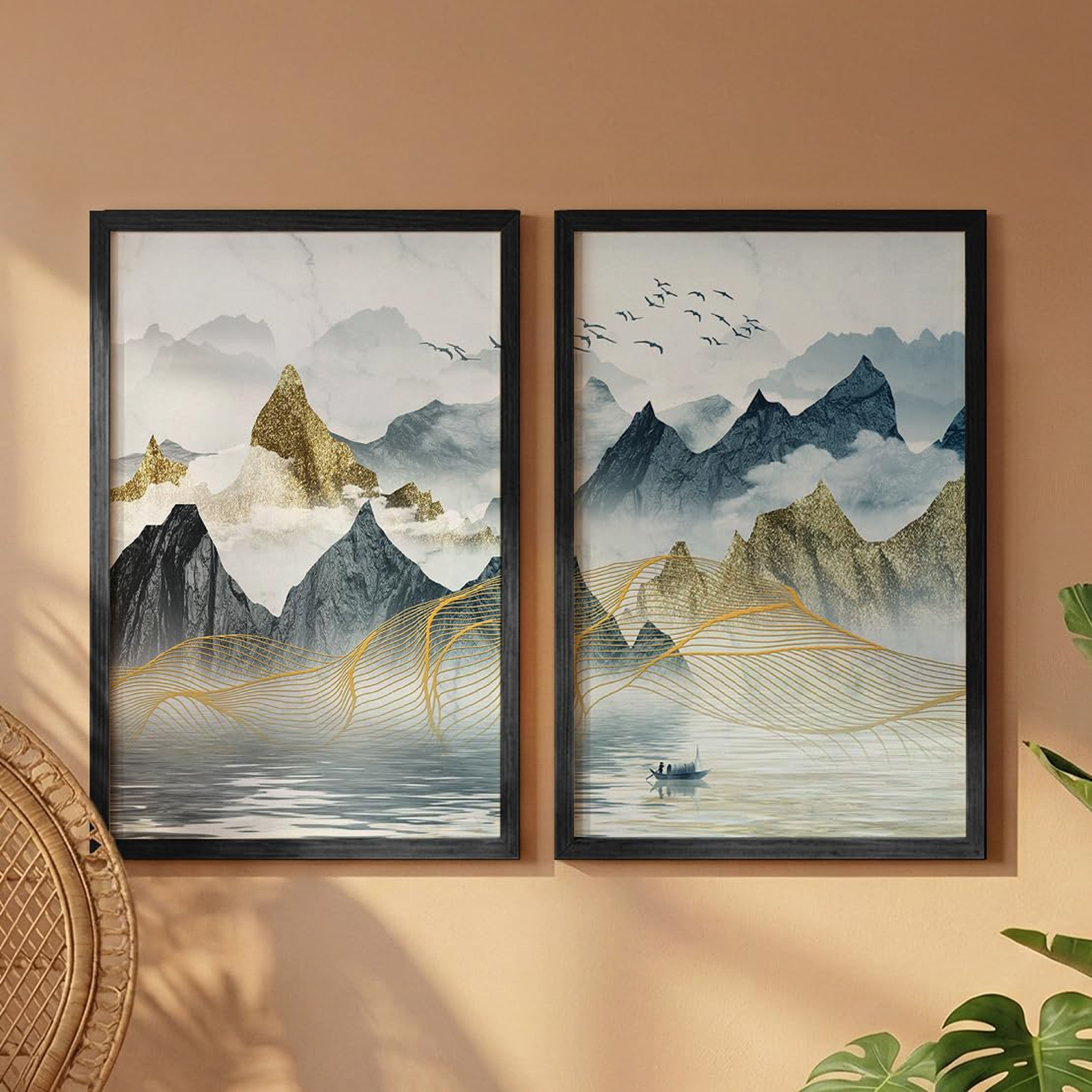 NoWorries Abstract Wall Paintings for Living Room | Modern Framed Art Paintings for Home Decoration | Multicolor Framed Posters for Wall Decor (14 x 18 inches) Set of 2