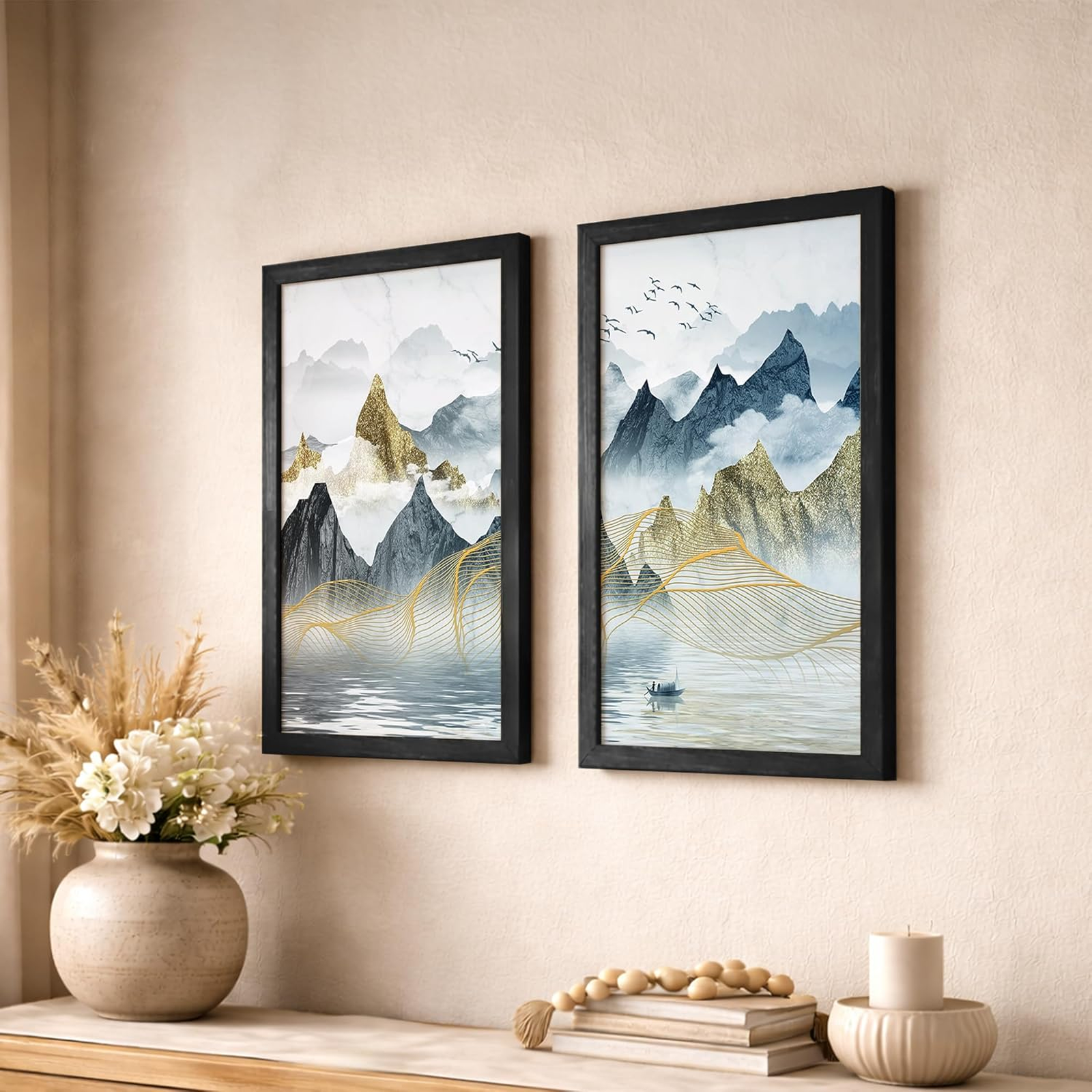 NoWorries Abstract Wall Paintings for Living Room | Modern Framed Art Paintings for Home Decoration | Multicolor Framed Posters for Wall Decor (14 x 18 inches) Set of 2