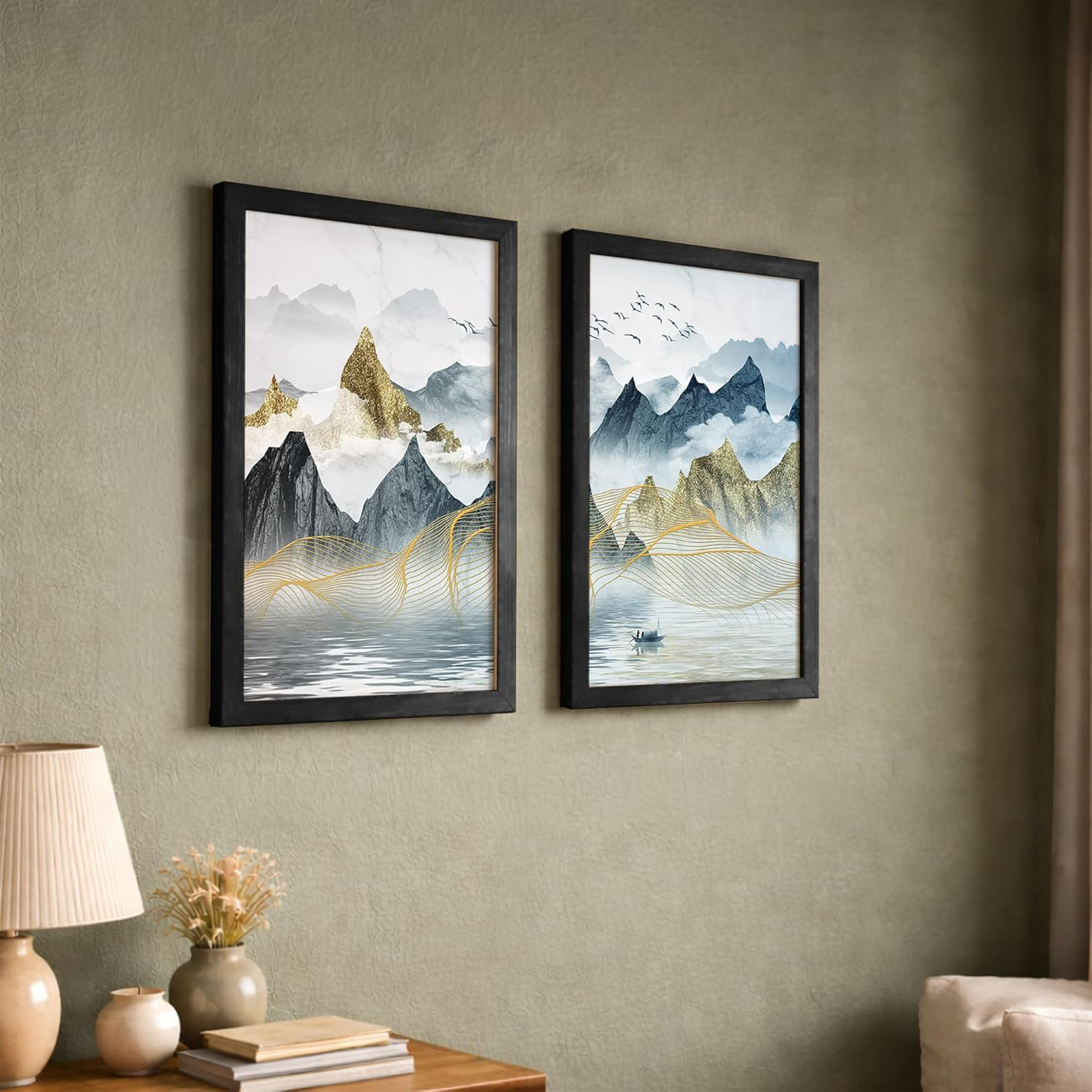 NoWorries Abstract Wall Paintings for Living Room | Modern Framed Art Paintings for Home Decoration | Multicolor Framed Posters for Wall Decor (14 x 18 inches) Set of 2