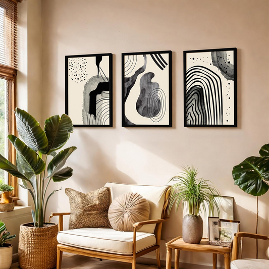 NoWorries Abstract Line Art Wall Decor | Set of 3 Framed Paintings for Home Decoration | Minimalist Wall Art for Living Room, Bedroom, Office & Cafe | 13x19 Inch Modern Prints (Theme: Abstract, Pattern: Line Art)