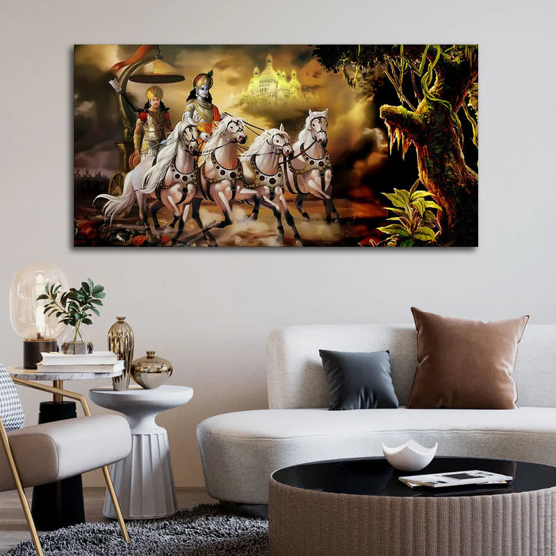 Mahabharat Shri Krishna and Arjun Premium Canvas and Wall Painting | Area: 48" W x 24" H