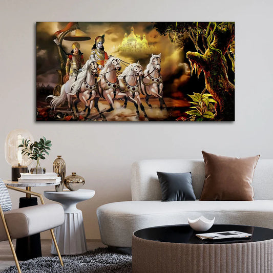 Mahabharat Shri Krishna and Arjun Premium Canvas and Wall Painting | Area: 48" W x 24" H