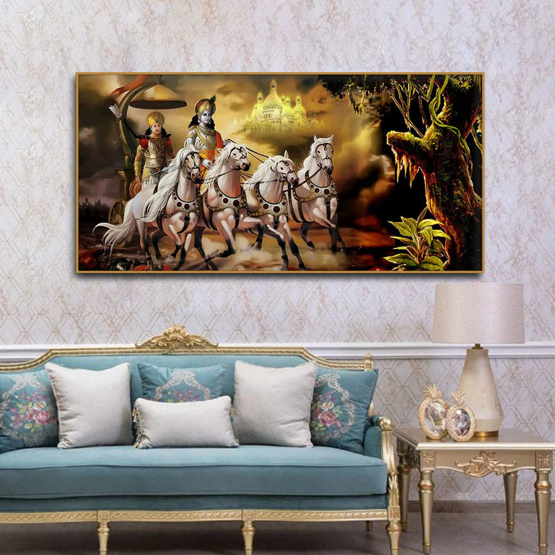 Mahabharat Shri Krishna and Arjun Premium Canvas and Wall Painting | Area: 48" W x 24" H