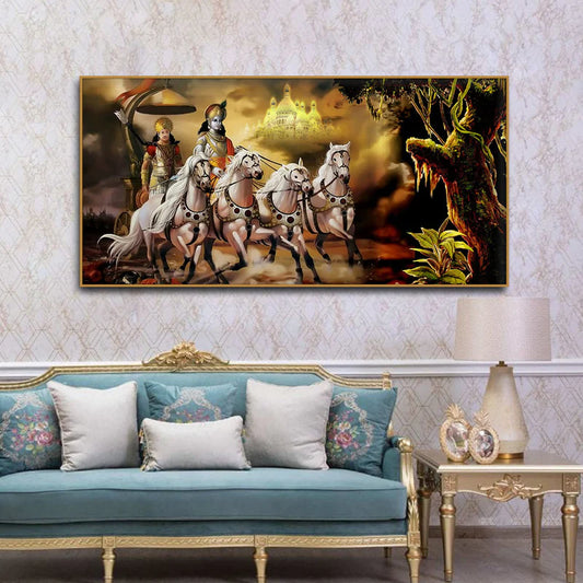 Mahabharat Shri Krishna and Arjun Premium Canvas and Wall Painting | Area: 48" W x 24" H