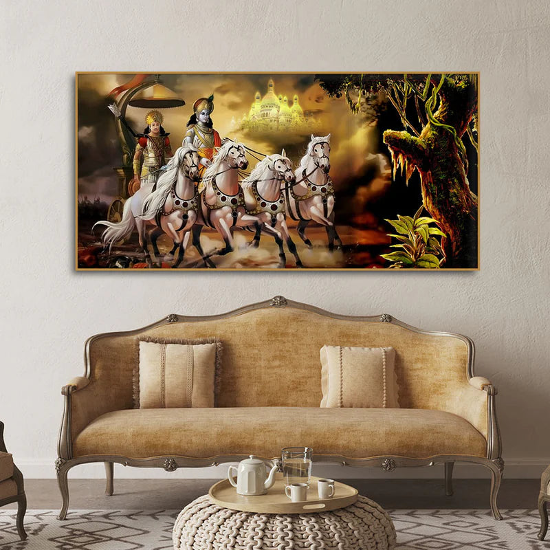 Mahabharat Shri Krishna and Arjun Premium Canvas and Wall Painting | Area: 48" W x 24" H
