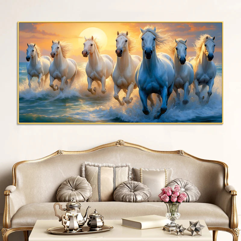 Seven Running Horses at Sunrise Premium Canvas Wall Painting | Area: 48" W x 24" H