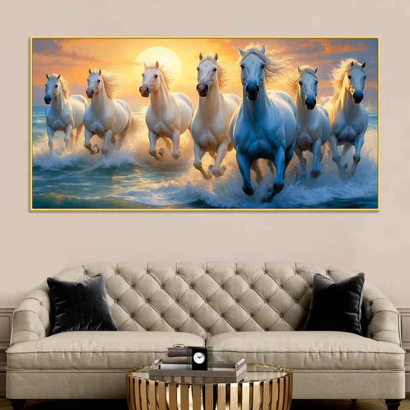 Seven Running Horses at Sunrise Premium Canvas Wall Painting | Area: 48" W x 24" H