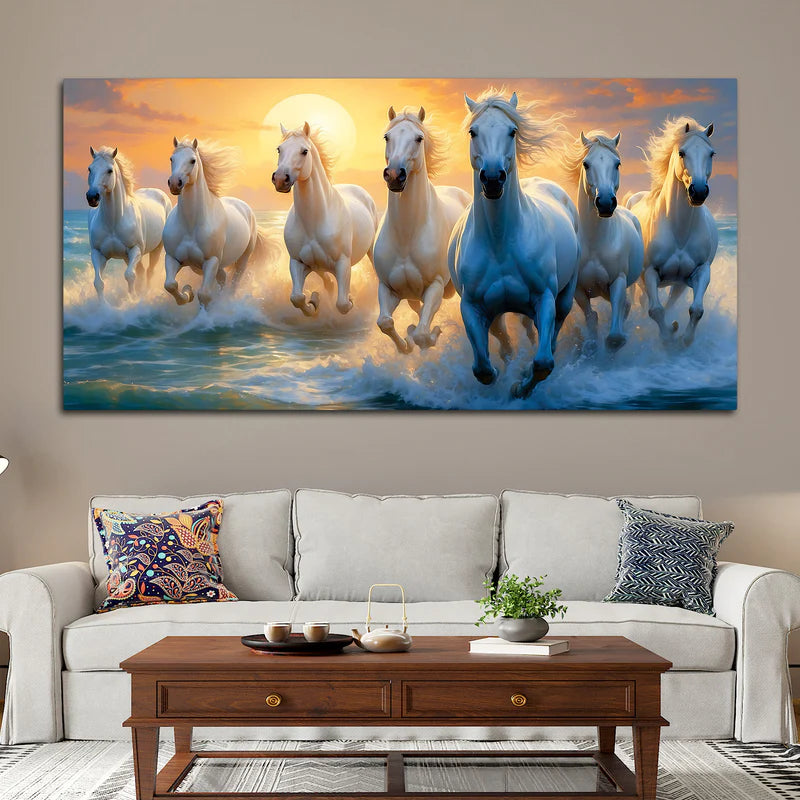 Seven Running Horses at Sunrise Premium Canvas Wall Painting | Area: 48" W x 24" H