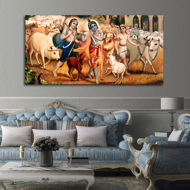 Shree Krishna with Balram Canvas Wall Painting | Area: 48" W x 24" H