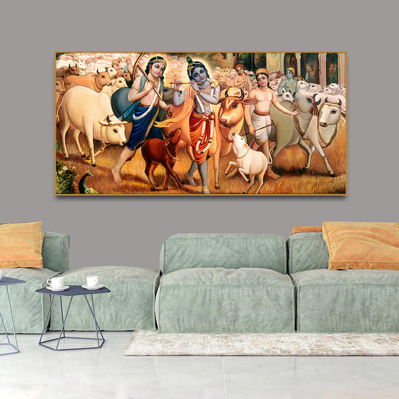 Shree Krishna with Balram Canvas Wall Painting | Area: 48" W x 24" H
