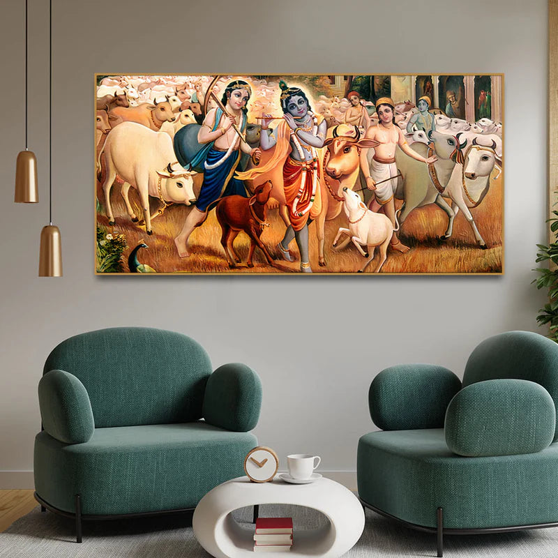 Shree Krishna with Balram Canvas Wall Painting | Area: 48" W x 24" H