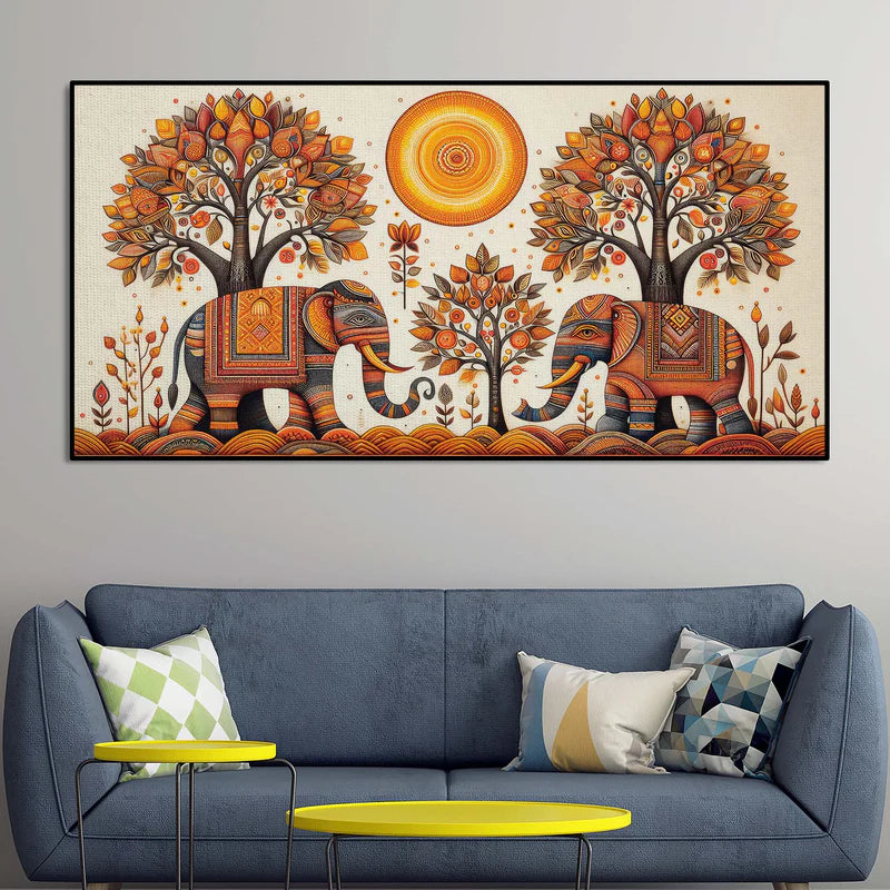 Traditional Elephant Art Canvas Wooden Wall Painting | Area: 48" W x 24" H